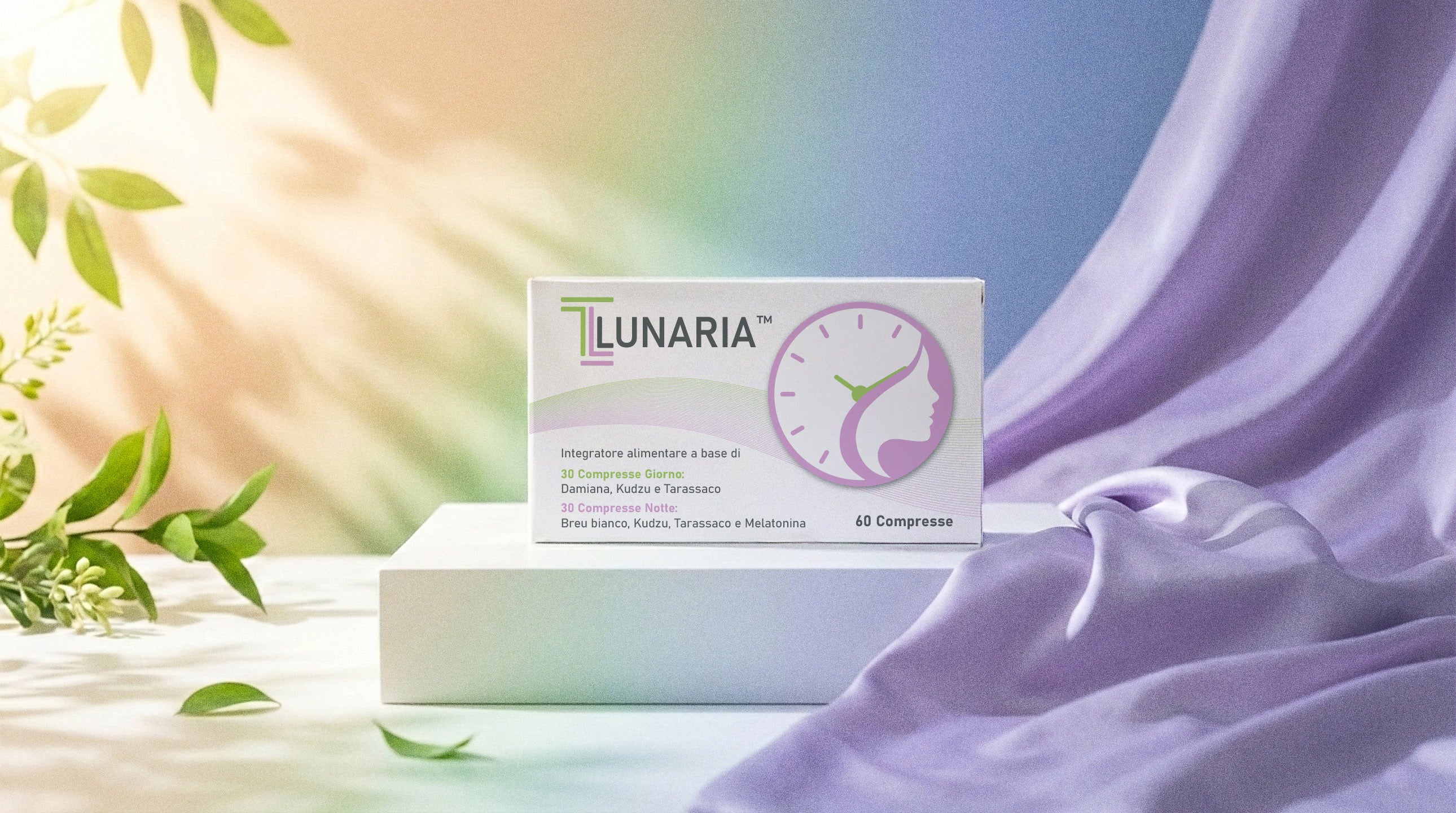 Scatola dell'integratore per la menopausa TL Lunaria su sfondo astratto lilla e verde.