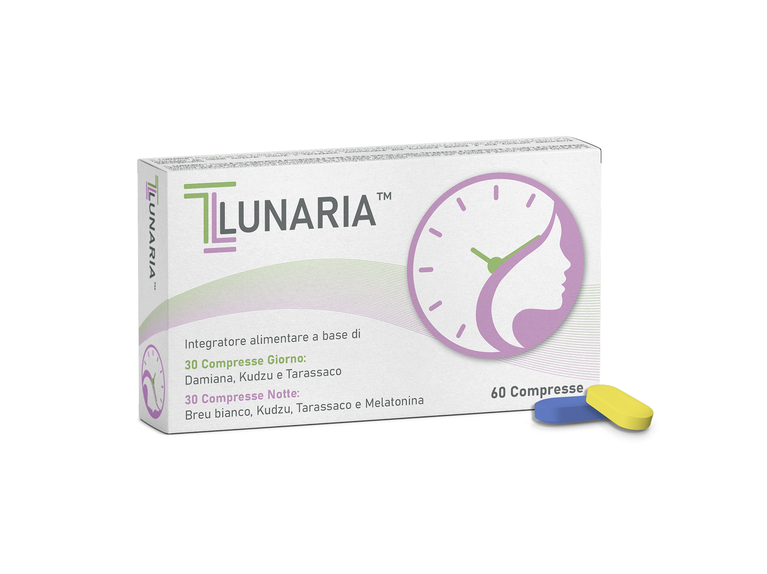 Confezione di TL Lunaria con fiori naturali ed estratti botanici, con compressa gialla per il giorno e blu per la notte.